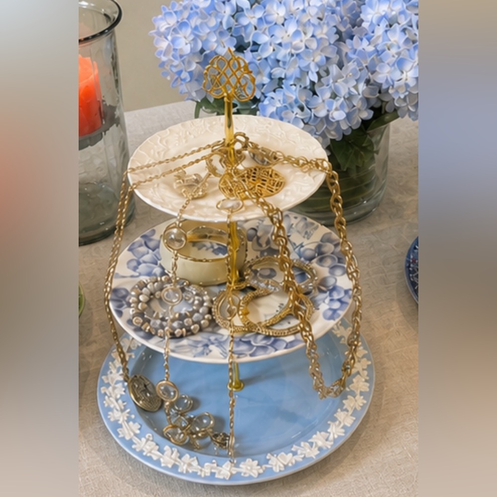 Handmade jewelry display or dessert display made out of vintage plates
